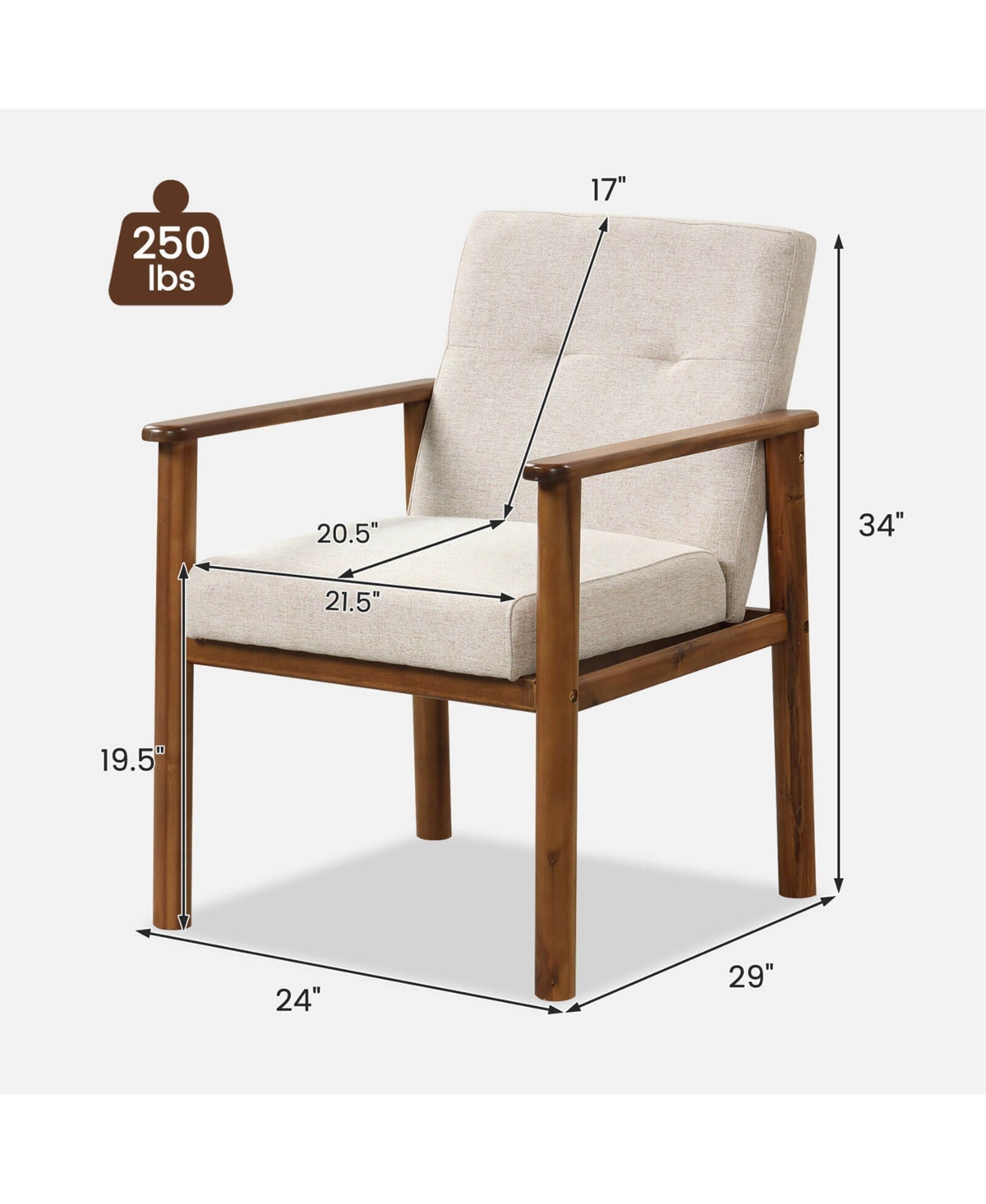 Costway Modern Accent Chair Upholstered Linen Fabric Armchair with Solid Wood Legs -khaki
