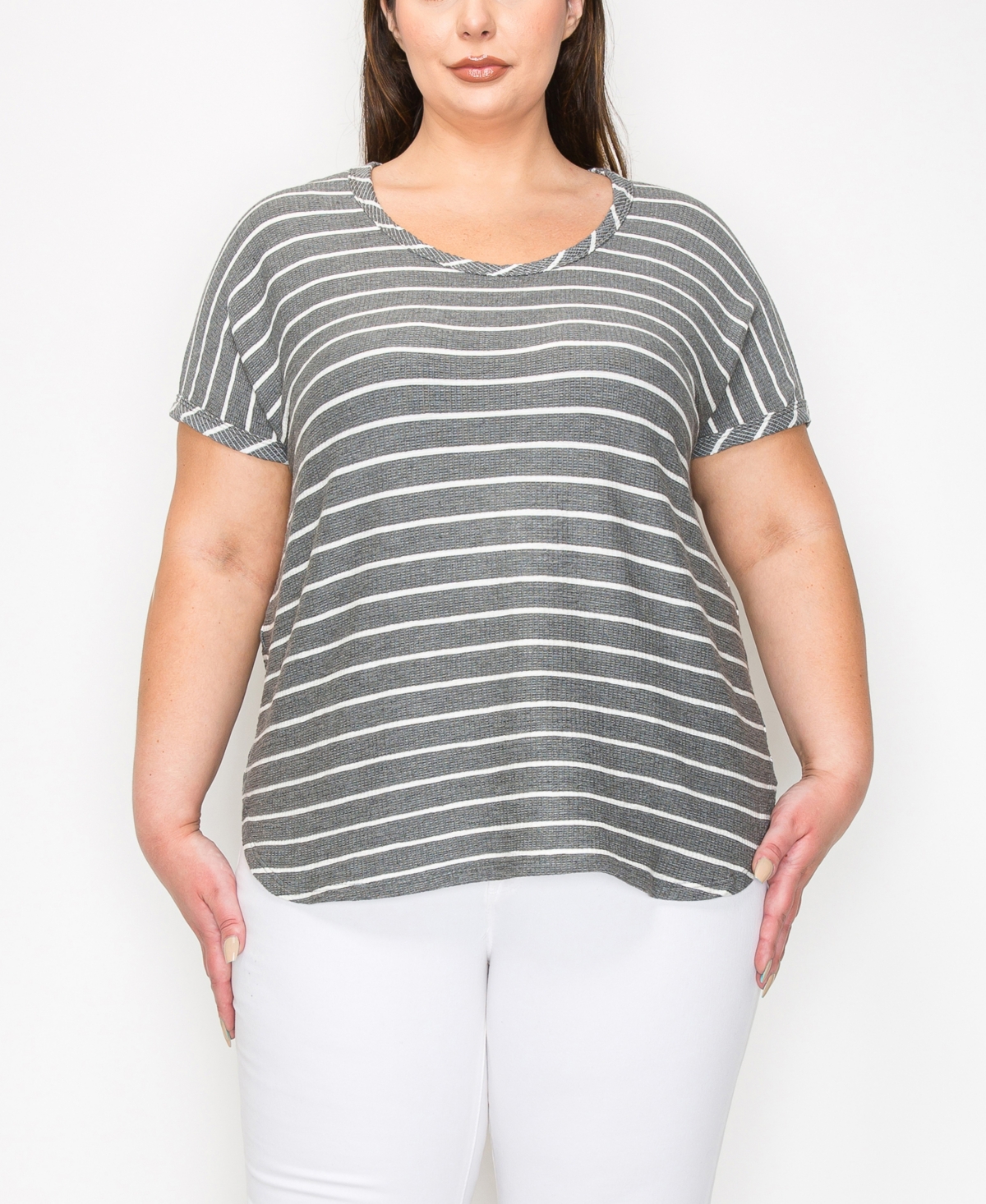 Coin 1804 Plus Size Pointelle Stripe Dolman Short Sleeve Top In Charcoal Ivory