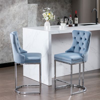Velvet Bar Stools Set of 2 with Chromed Metal Base Legs