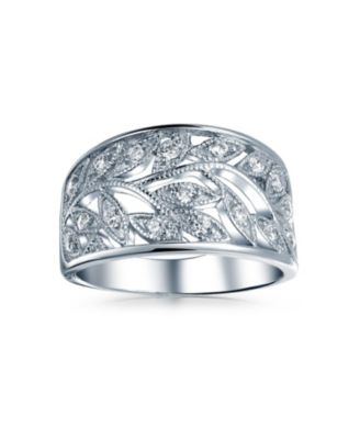 Pave Cubic Zirconia Open Filigree Wide Leaves Leaf Band Ring Sterling Silver