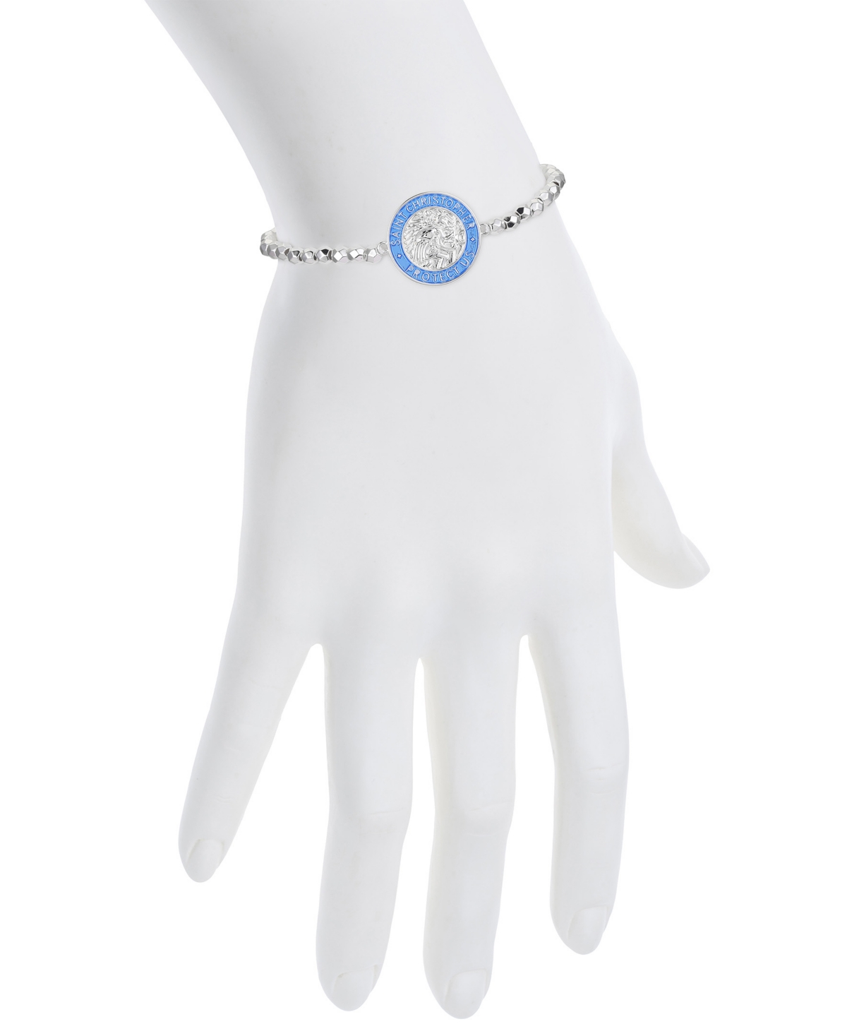 Unwritten Blue Enamel "saint Christopher Protect Us" Beaded Bolo Bracelet In Silver