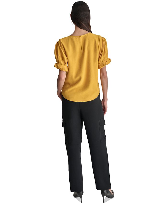 DKNY Women's Pleated-Sleeve Blouse Blue Size XX-Large