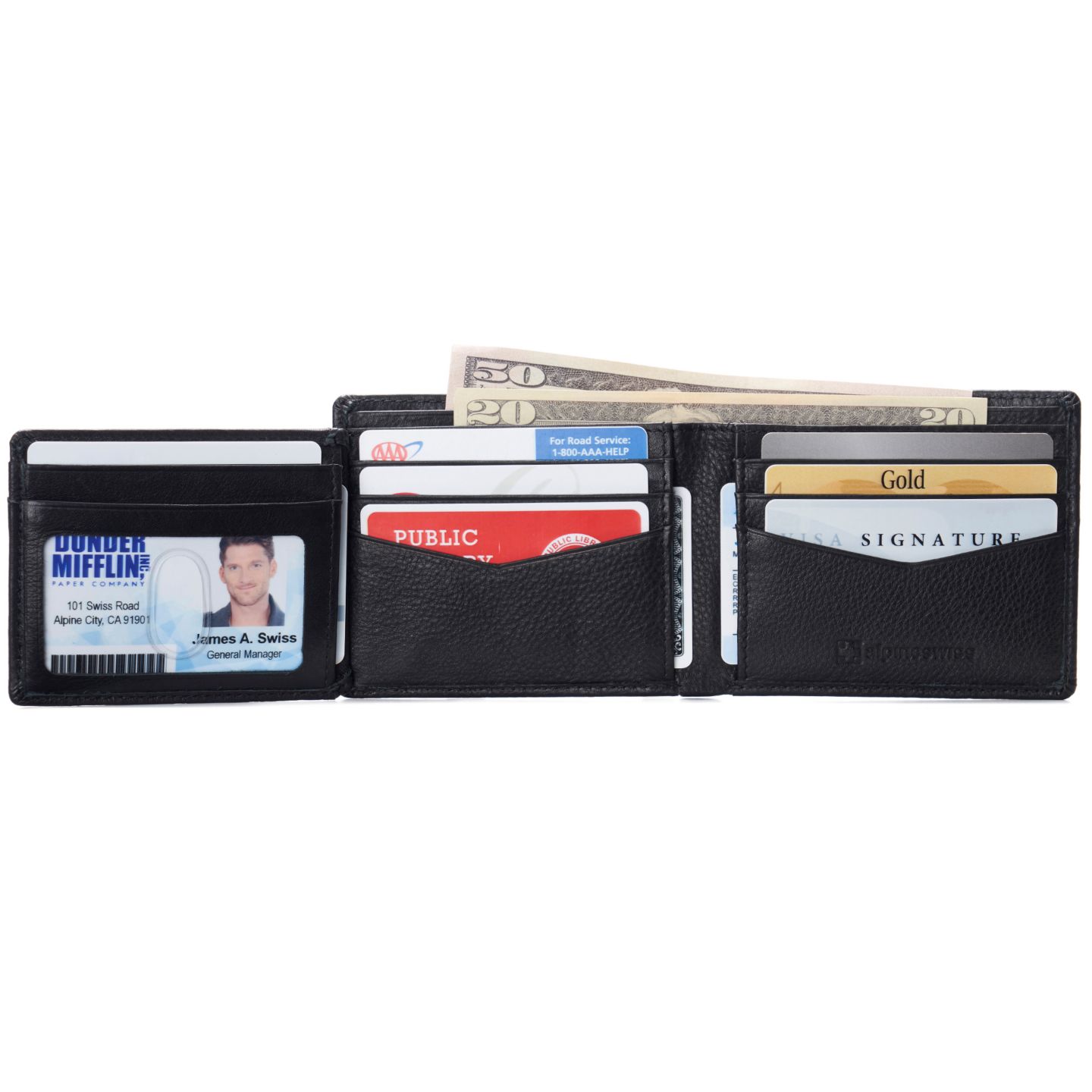 Мужской кошелёк Alpine Swiss Wallet for Men RFID Protected Leather Wallet Spencer Bifold Divided Bill Section Gift Box 2 ID Windows 14 Card Storage Pockets, цвет: Чёрный — фото 4