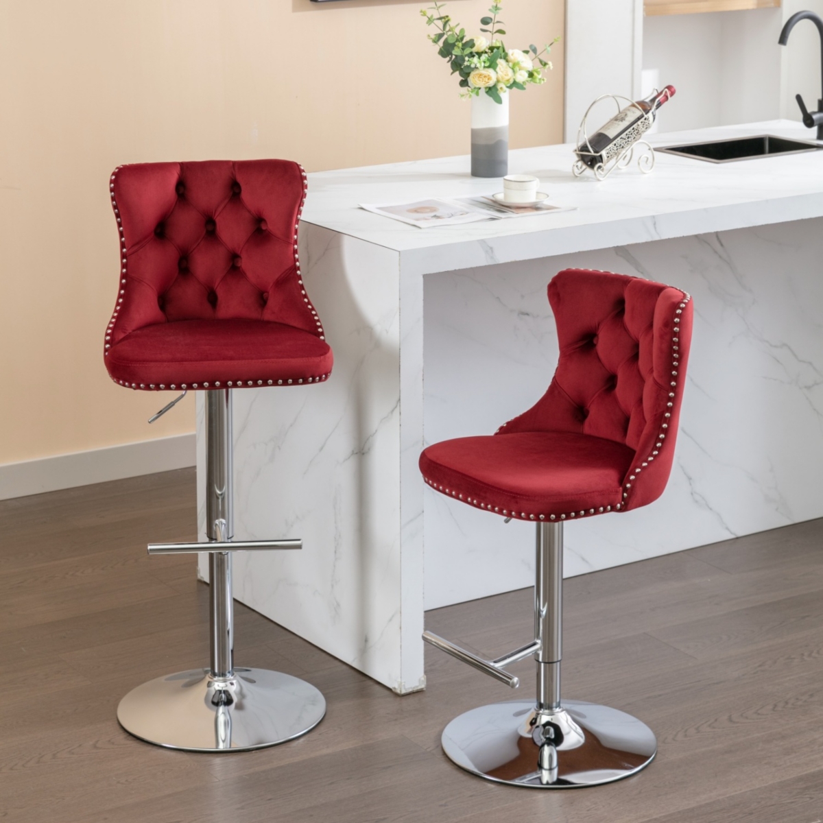 Simplie Fun Adjustable Swivel Barstools Set in Wine Red