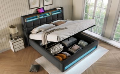 Streamdale Grey Upholstered Platform Bed with Storage & LED