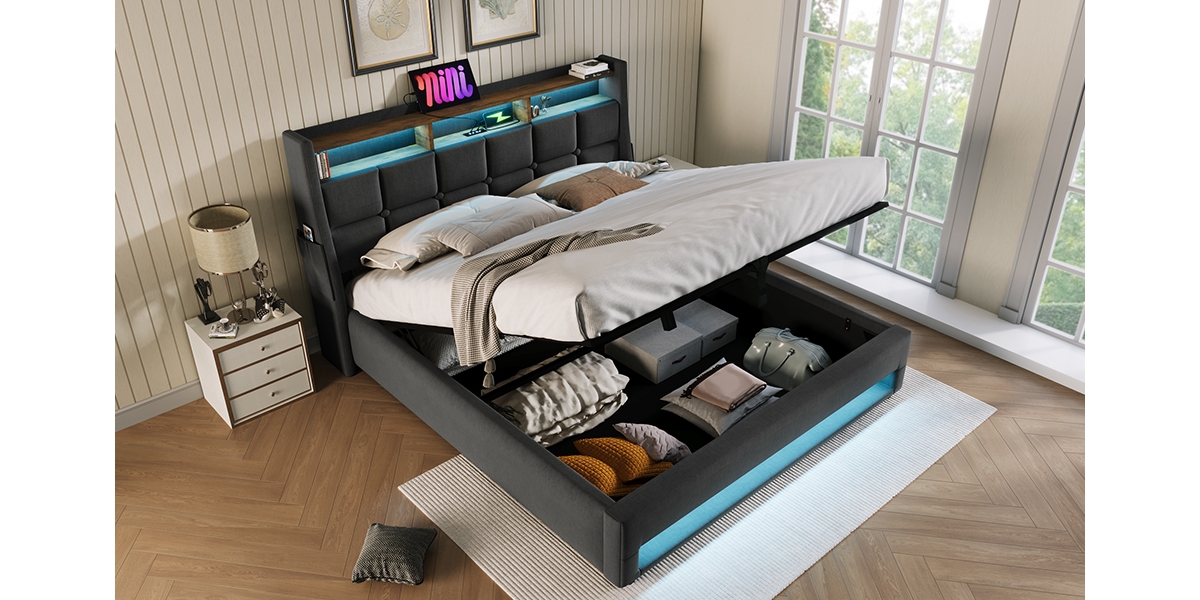 Streamdale FurnitureUpholstered Platform Bed with Storage & Led - Grey