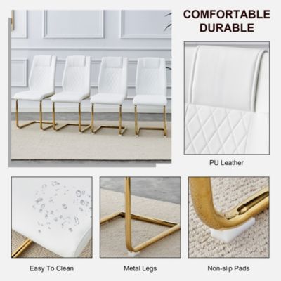 4 Modern Golden Leg Cushioned Chairs, White+PU