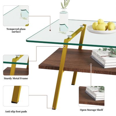 Transparent Glass Coffee Table, Gold Metal Legs
