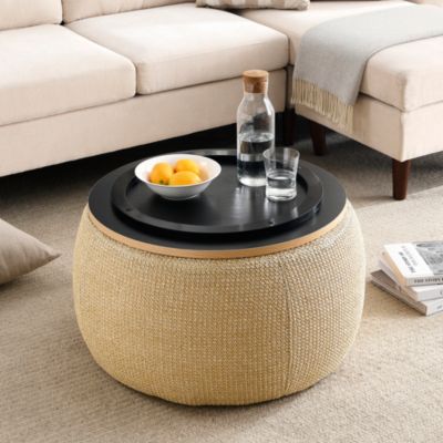 Round Storage Ottoman, 2 In 1 Function, Work As End Table And Ottoman, Natural (25.5"X25.5"X14.5")