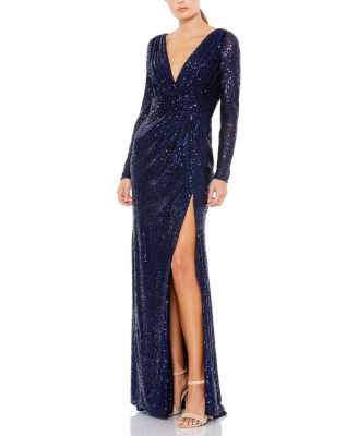 Women's Floor-Length Sequin Gown Featuring Long Sleeves and Sheer Accents