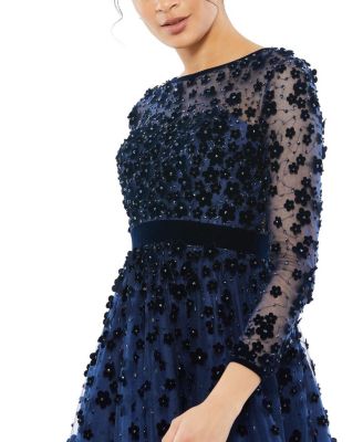 Women's Embellished Illusion High Neck Long Sleeve Fit & Flare Dress