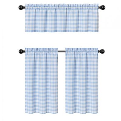 Living Country Farmhouse Blue Plaid Gingham 3 Pc Kitchen Curtain Tier & Valance Set