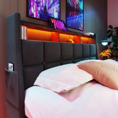 Streamdale Grey Upholstered Platform Bed with Storage and LED