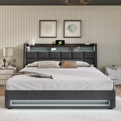 Streamdale Grey Upholstered Platform Bed with Storage and LED