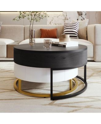Modern Round Lift-Top Coffee Table with Drawers (White & Black)