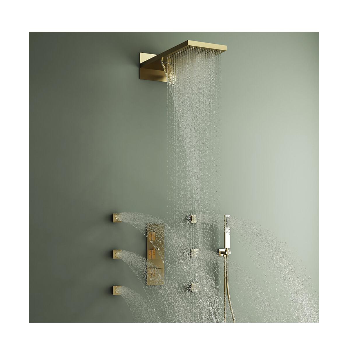 Mondawe Wall Mounted Thermostatic Luxury Shower System Set with Handheld Spray & 6 Body Jets, Brushed- Gold