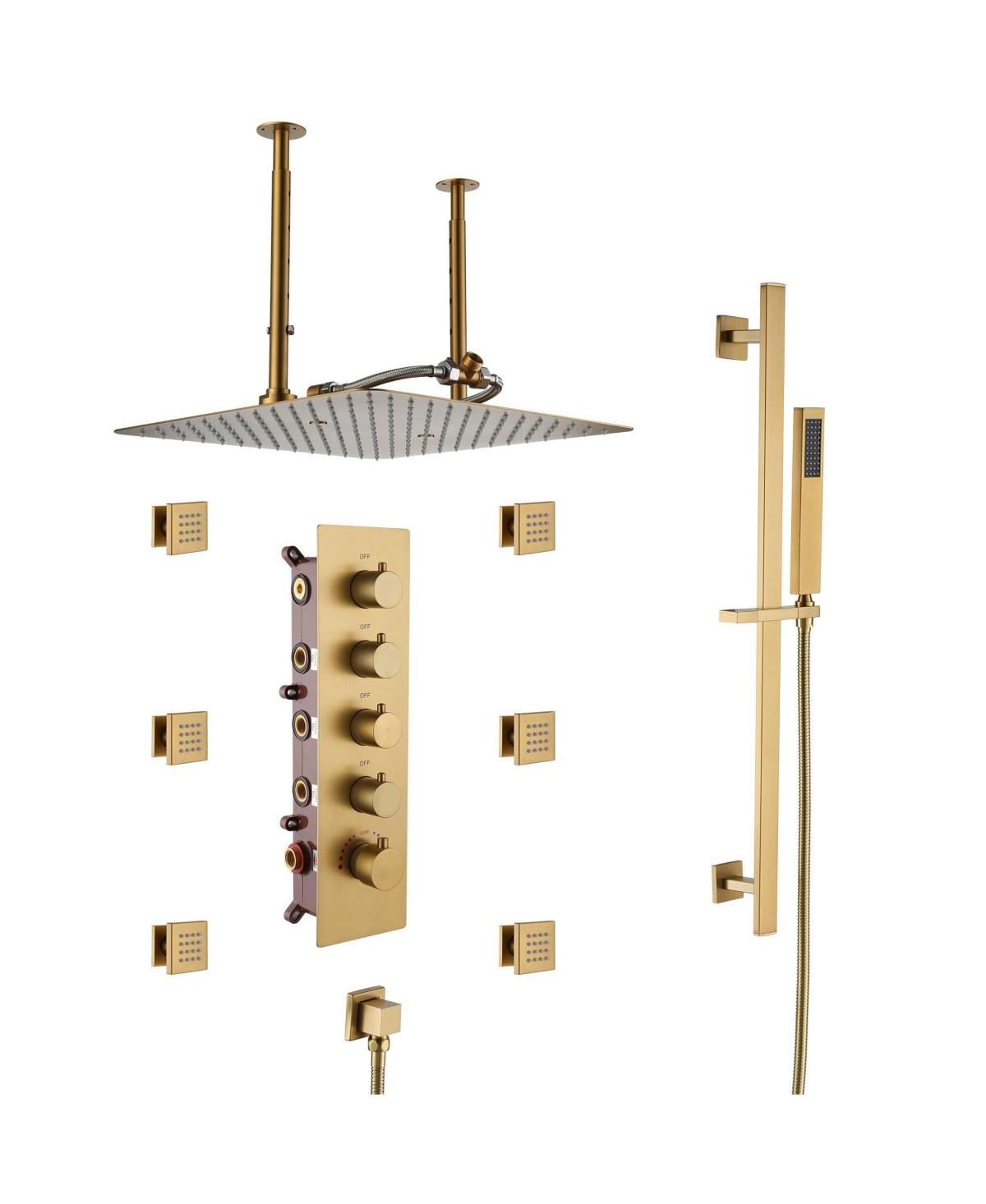 Mondawe Ceiling Mounted Thermostatic Shower System Set with Handheld Spray, Slide Bar & 6 Body Jets, Brushed- Gold