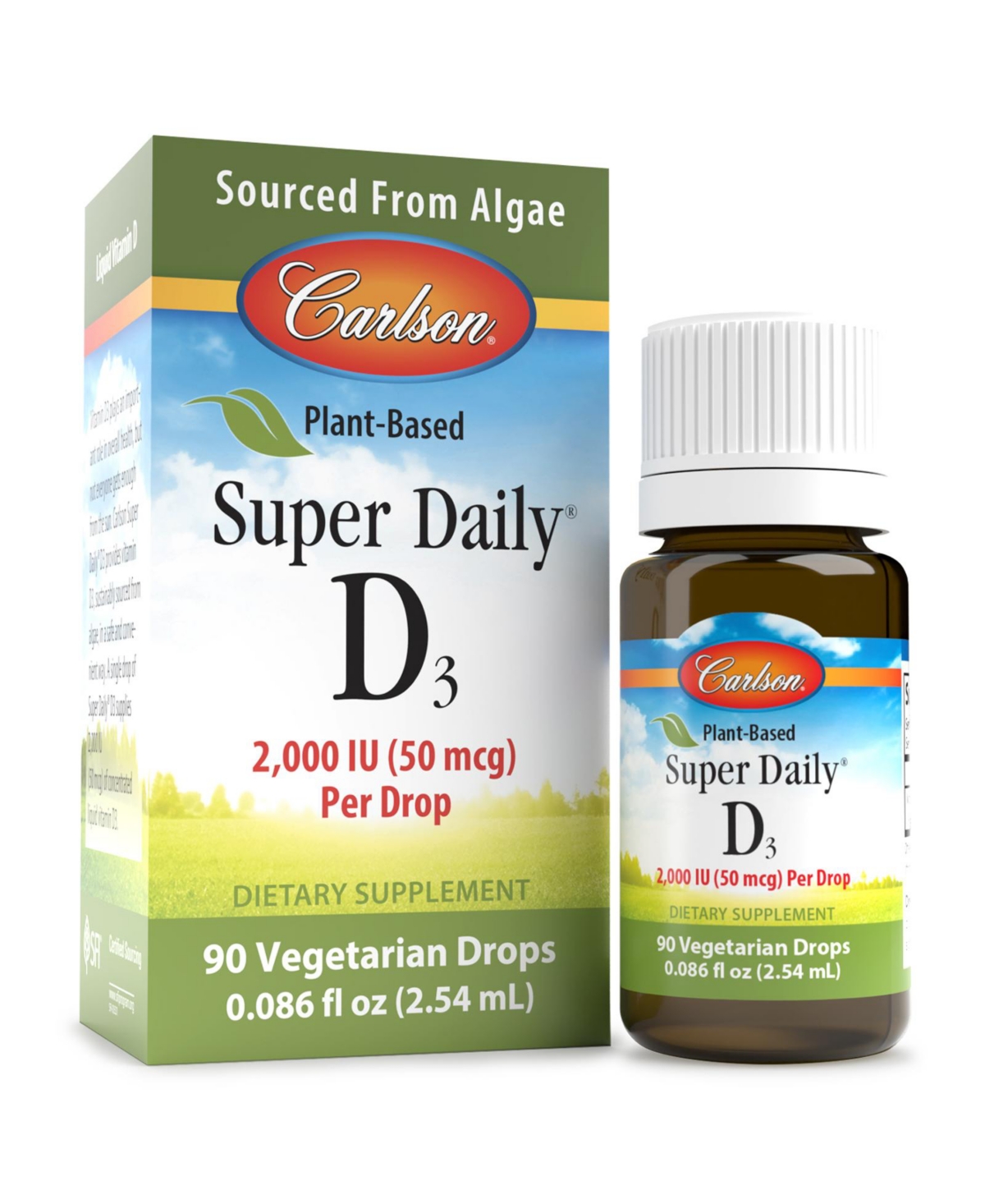 Carlson - Plant-Based Super Daily D3 2000 Iu (50 mcg) per Drop, Vegetarian Vitamin D Drops, Sourced from Algae, Unflavored, 90 Drops (2.5