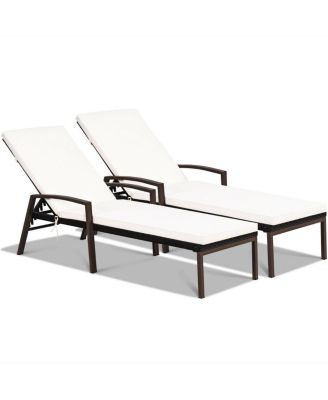 2 Pieces Patio Rattan Reclining Chaise Lounge Chair with Cushion and Armrest