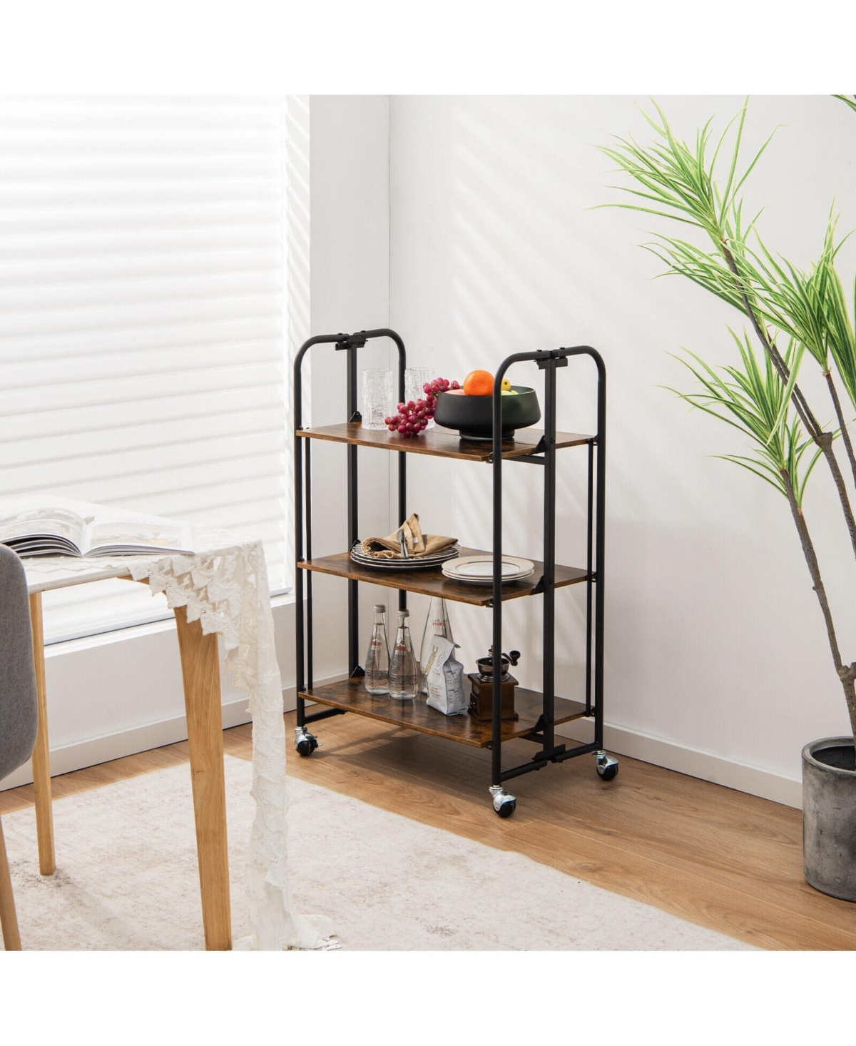 Slickblue Foldable Rolling Cart with Storage Shelves for Kitchen-3-Tier