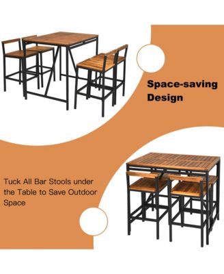 5PCS Patio Bar Table Set PE Rattan High-Dining Bistro Set w/ Acacia Wood Top