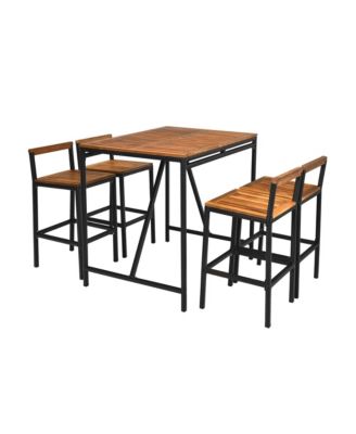 5PCS Patio Bar Table Set PE Rattan High-Dining Bistro Set w/ Acacia Wood Top