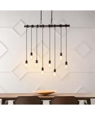 Rhys 40" 8-Light Vintage Industrial Driftwood Iron LED Linear Chandelier with Height Adjustable Bulbs, Brown Wood Finish/Black