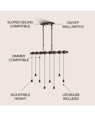 Rhys 40" 8-Light Vintage Industrial Driftwood Iron LED Linear Chandelier with Height Adjustable Bulbs, Brown Wood Finish/Black