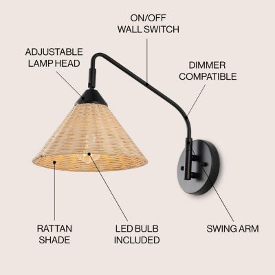 Kiawah 11" 1-Light Vintage Coastal Rattan/Metal Swing Arm LED Sconce, Black/Natural