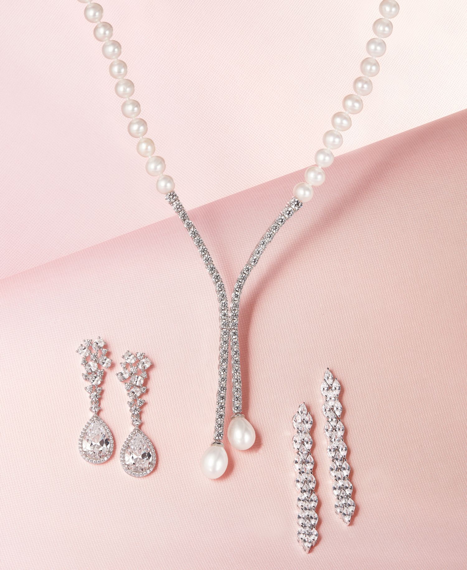 Cultured Freshwater Pearl (5mm & 10 x 8mm) & Cubic Zirconia Lariat Necklace in Sterling Silver