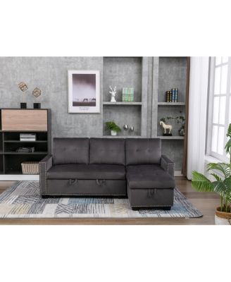 L-Shaped Velvet Sectional Sleeper Sofa, Dark