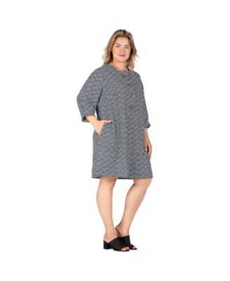 Plus Size Pullover 3/4 Sleeve Flounce Pleated Midi Hem Dress