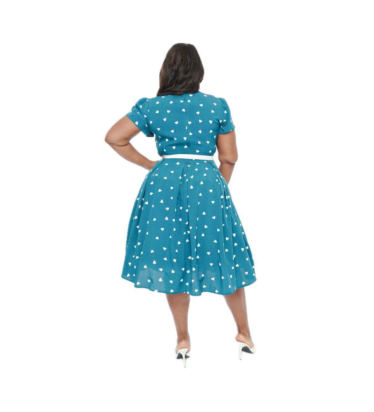 Unique Vintage Plus Size 1940s Dahlia Swing Dress - Teal  white heart