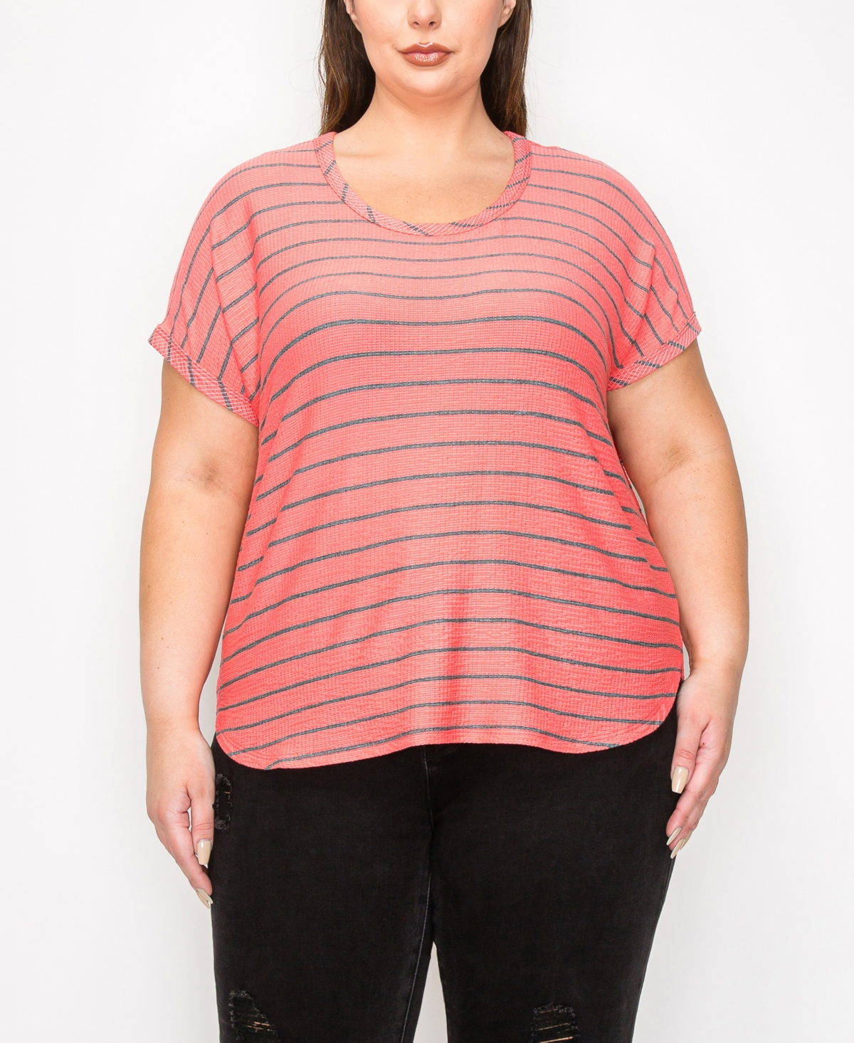 Coin 1804 Plus Size Pointelle Stripe Dolman Short Sleeve Top In Coral Charcoal