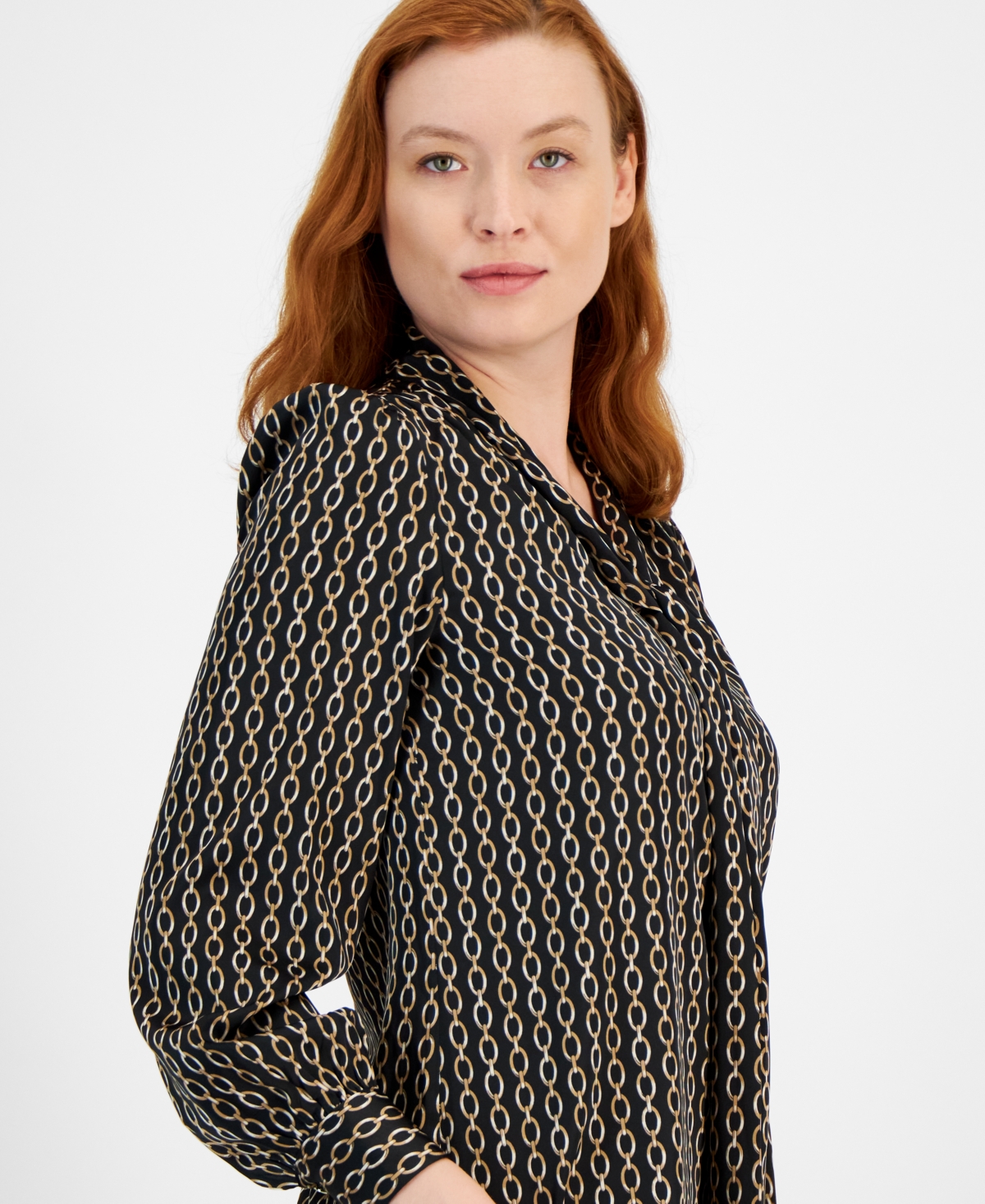 Anne Klein Women's Chain-Print Tie-Neck Blouse