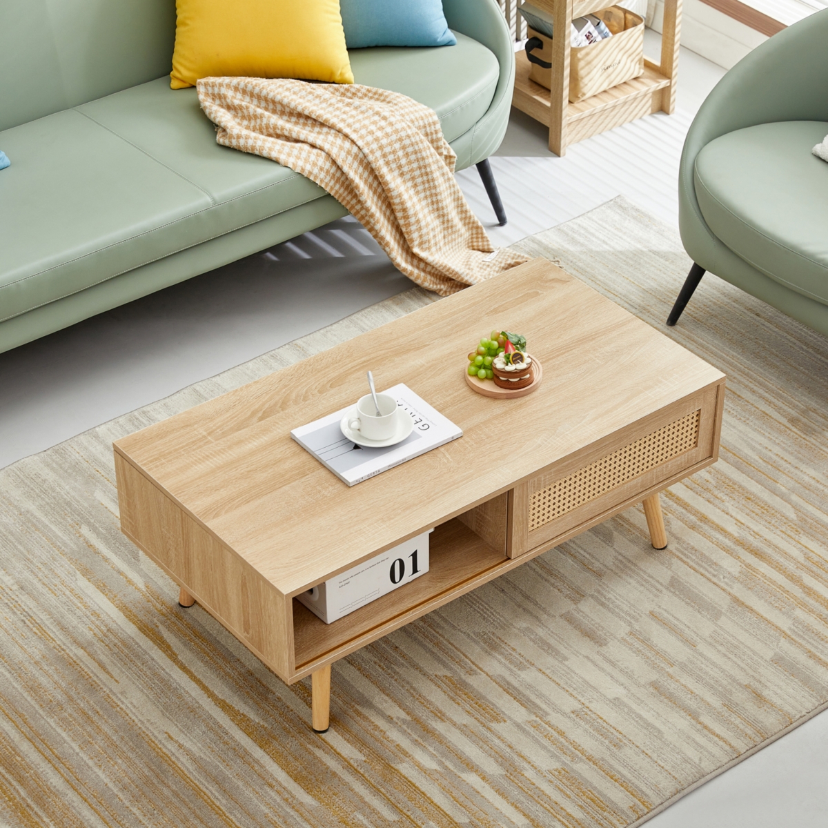 Streamdale Furniture Rattan Coffee Table, Sliding Door For Storage, Solid Wood Legs, Modern Table For Living Room
