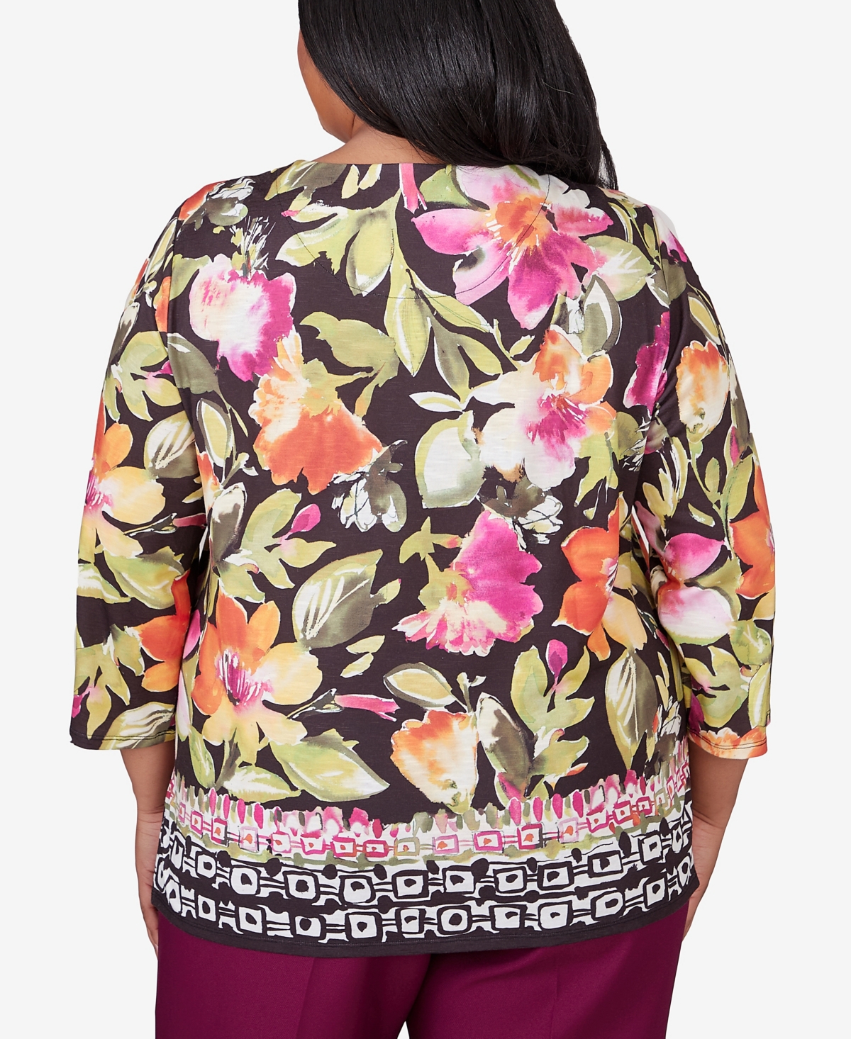 Alfred Dunner Plus Size Classic Bold Floral Geometric Border Top