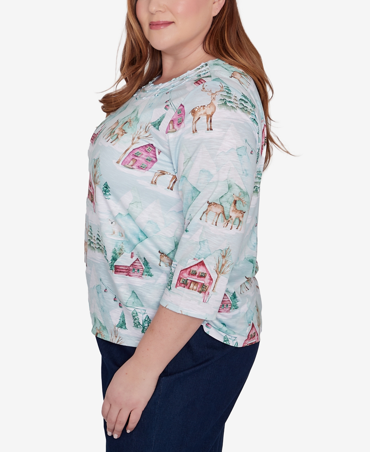 Alfred Dunner Plus Size Classic Triple Notch Neck Deer Village Top In Multi Green