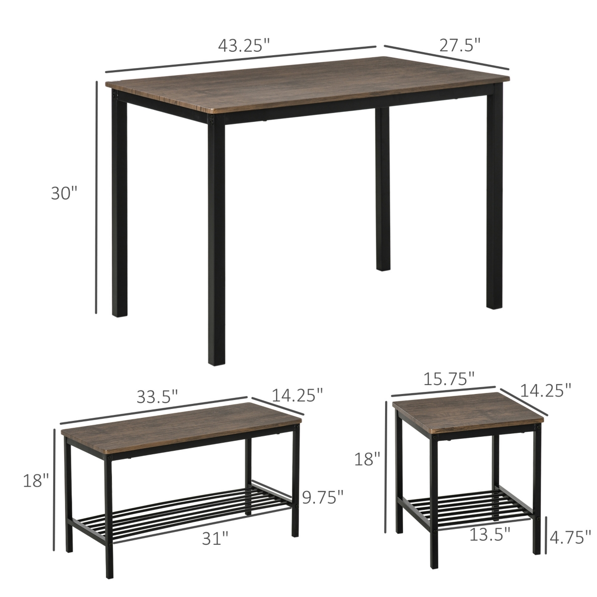 Homcom Dining Table Set, Kitchen Table & Chairs for 4, Dinner Table w/ Bench Set, Brown
