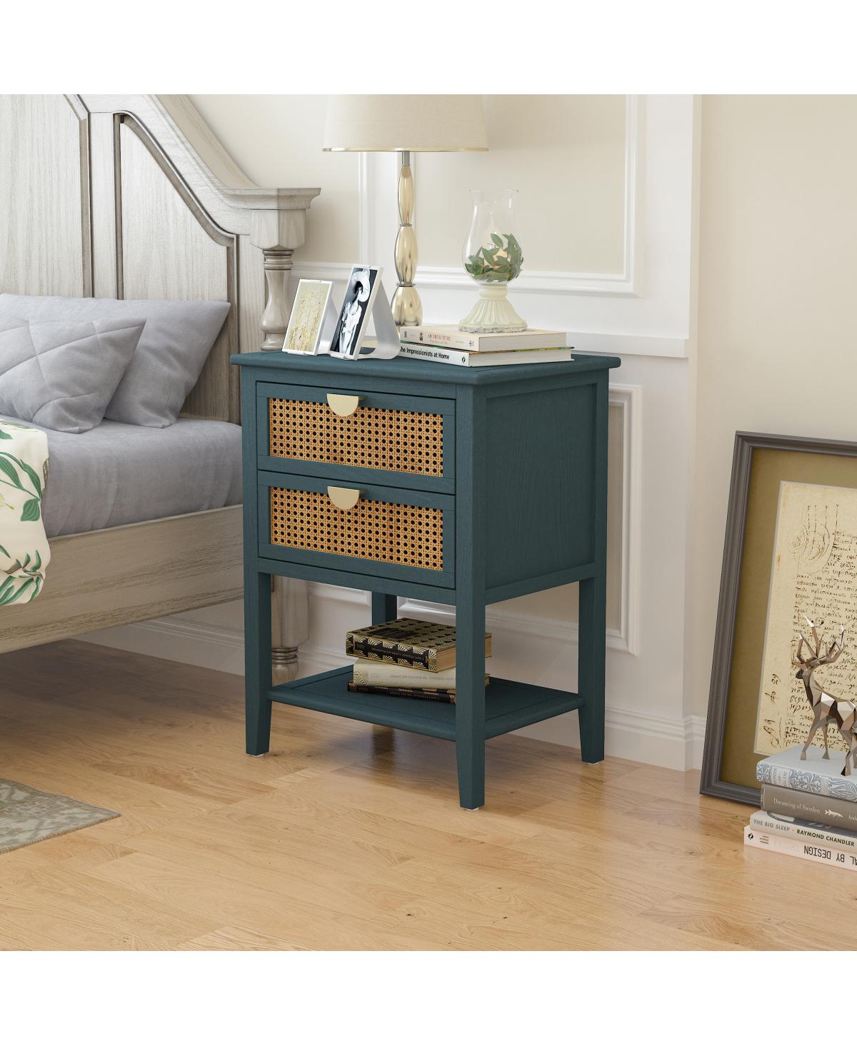 Simplie Fun 2 Drawer Side Table Rattan, End Table, Suitable For Bedroom, Living Room, Study