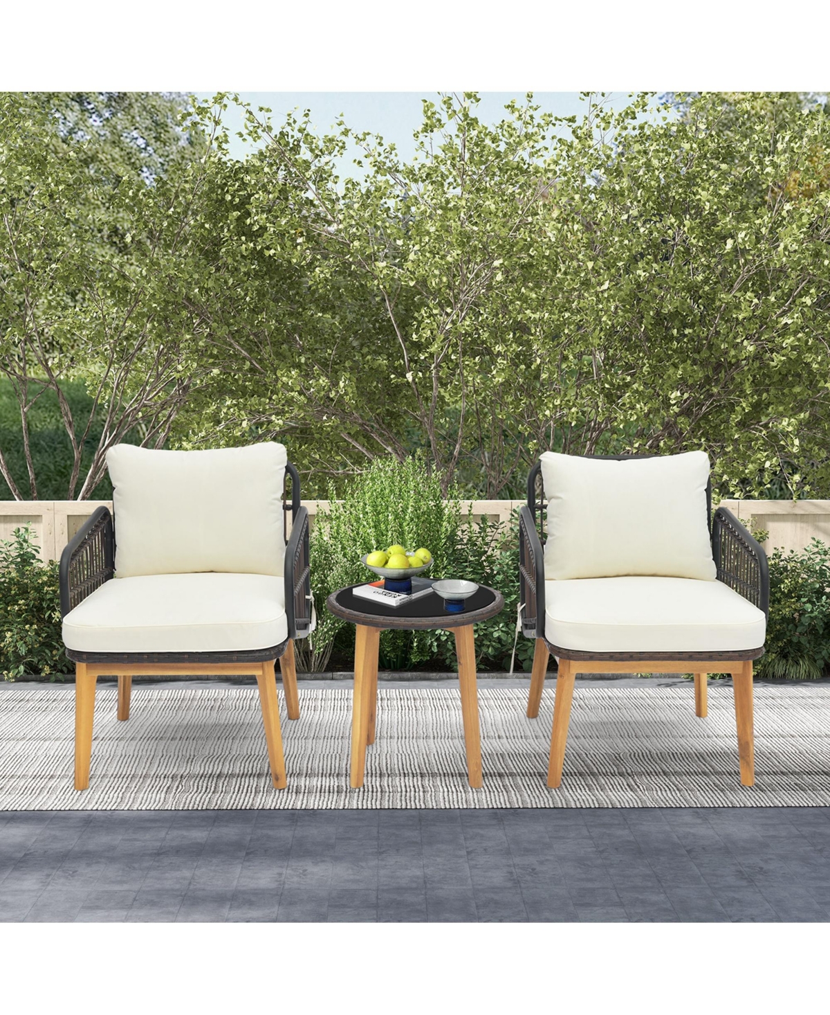 Costway 3 Pcs Patio Furniture Set with Cushioned Chairs and Tempered Glass Side Table