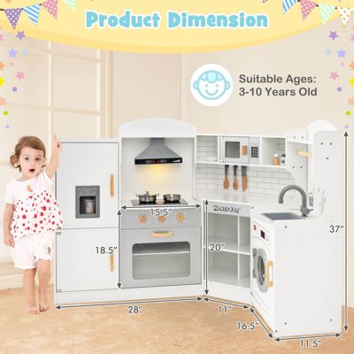 Corner Play Kitchen Toddler Kitchen Playset with Range Hood, Ice Maker, Microwave
