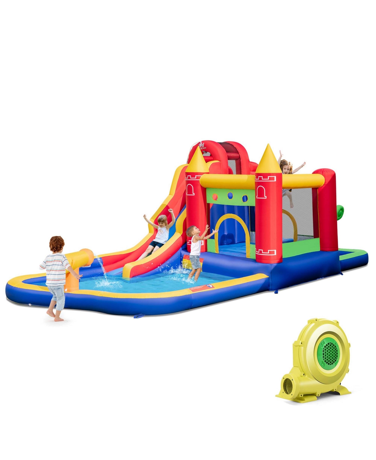 9-in-1 Inflatable Bounce Castle with Waterslide Water Cannon for 3+ with 735W Blower - Red