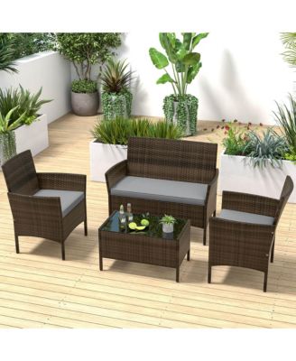4 Pc. Patio Furniture Set with Washable Cushions and Tempered Glass Coffee Table