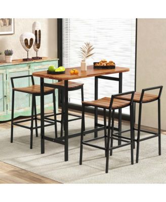 5 PCS Acacia Wood Bar Table Set Outdoor Bar Height Table & Chairs