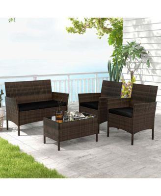 4 Pc. Patio Furniture Set with Washable Cushions and Tempered Glass Coffee Table