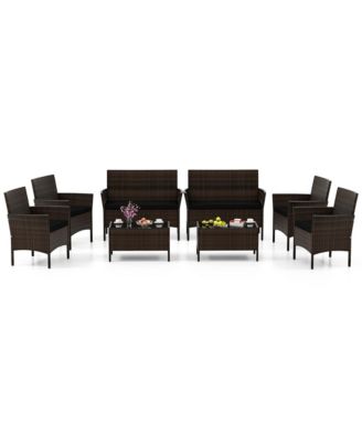8 PCS Patio Furniture Set with Washable Cushions and Tempered Glass Coffee Table