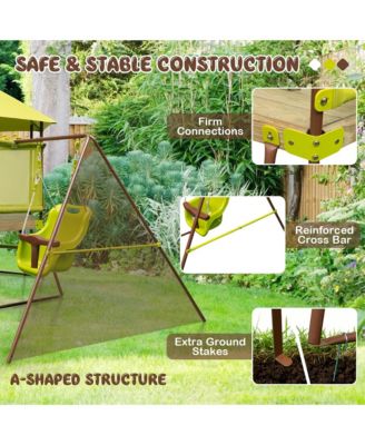 4-in-1 Swing Set with Covered Playhouse Fort Height Adjustable Baby Seat Slide