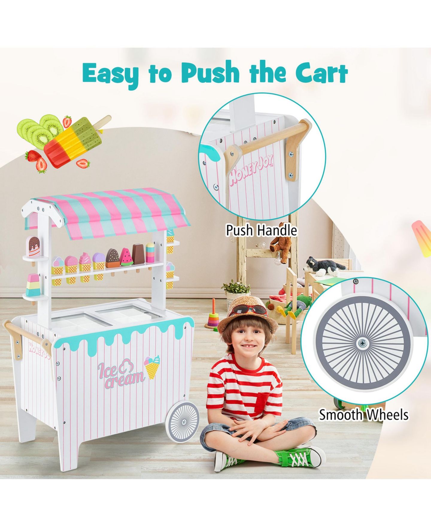 Детские игрушки Costway Kid's Ice Cream Cart Food Trunk Play Toy Set with Display Rack, цвет: Розовый — фото 3