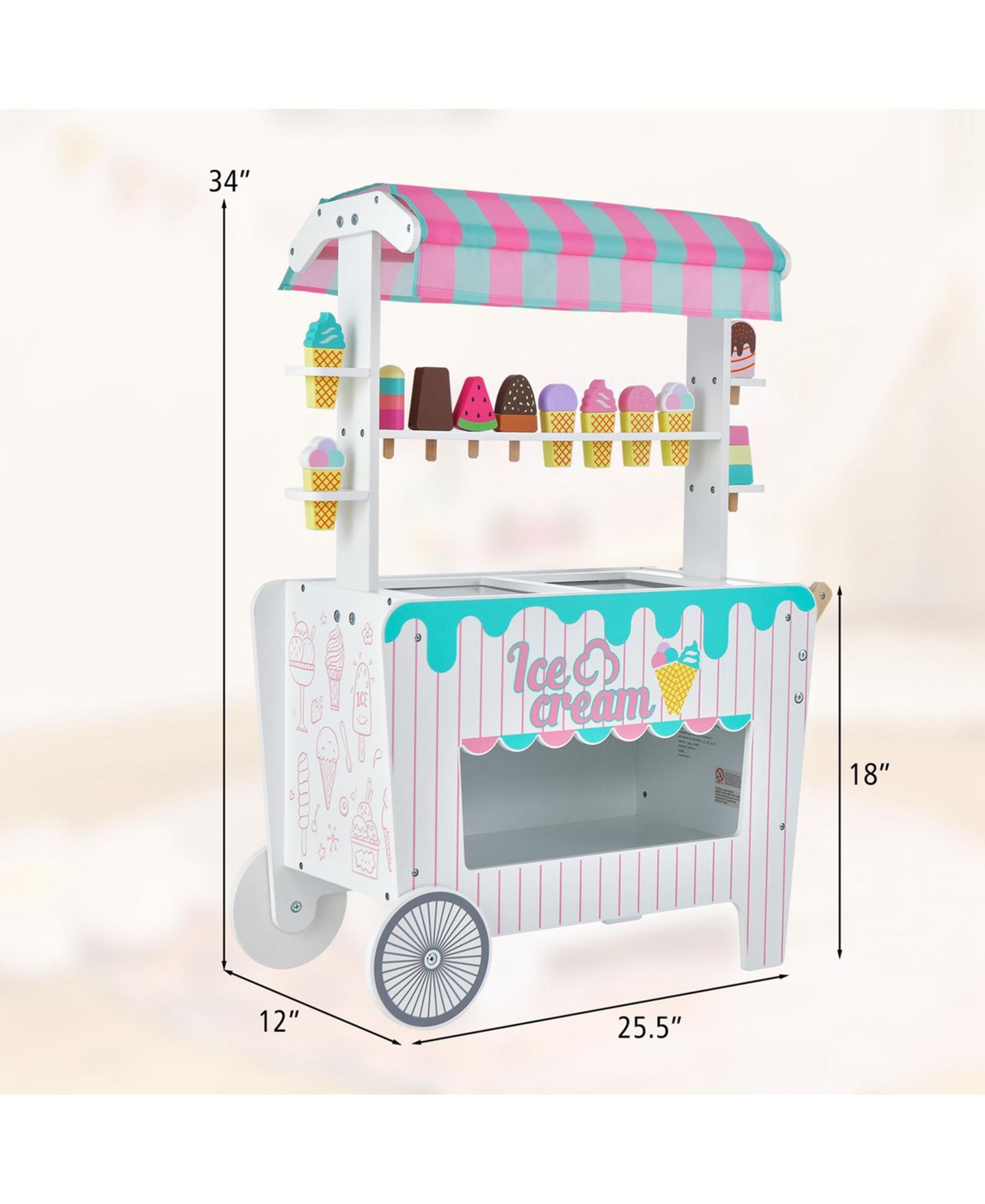 Детские игрушки Costway Kid's Ice Cream Cart Food Trunk Play Toy Set with Display Rack, цвет: Розовый — фото 9